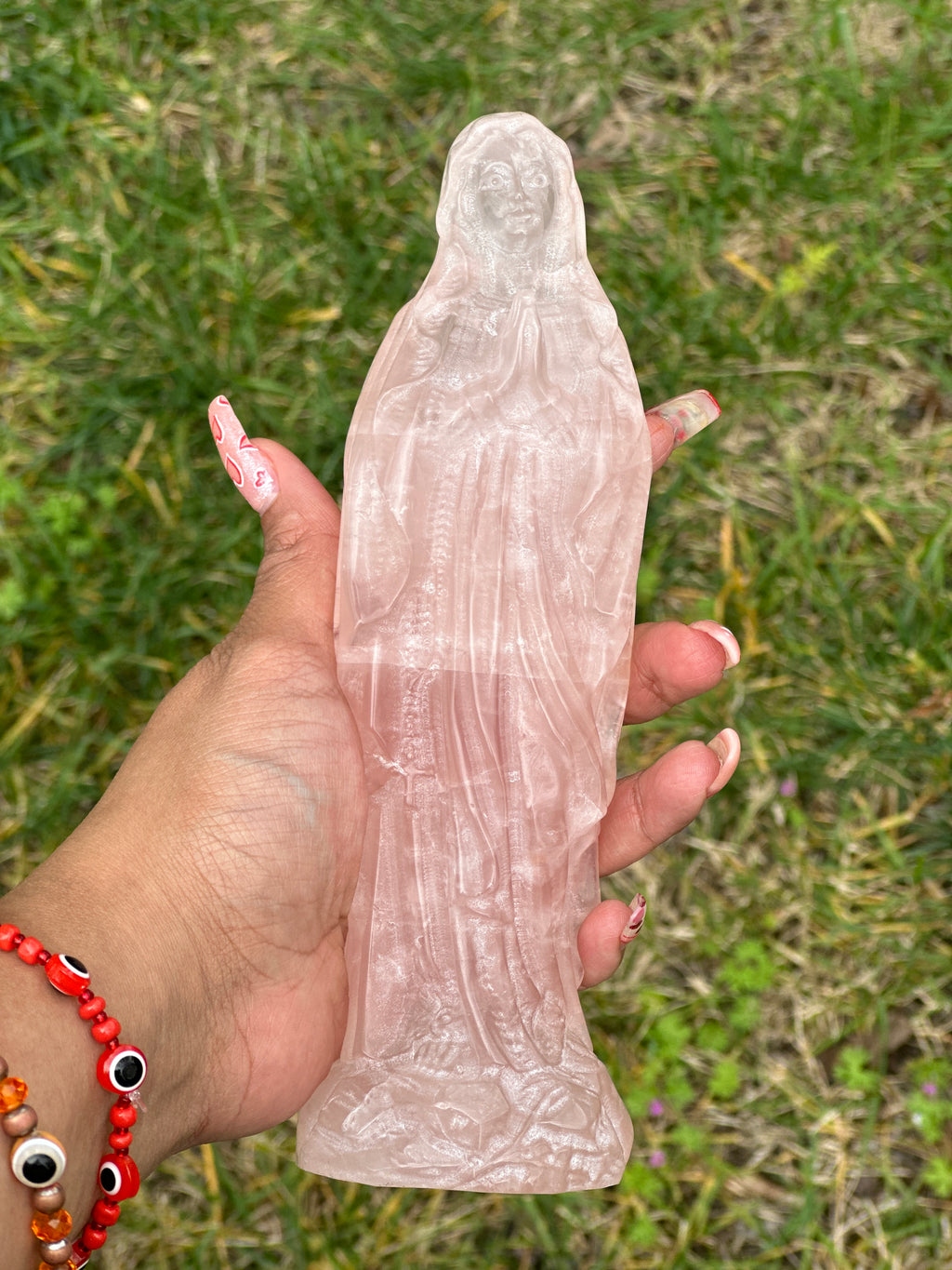 Virgen Mary Pink Rose Quartz Statue